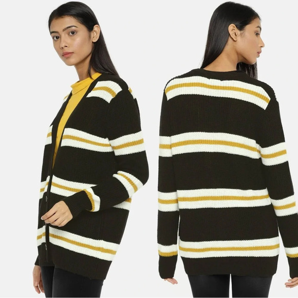 Forever21 Black & Off-White Yellow Striped Open Front Button Cardigan Sweater - Picture 2 of 13